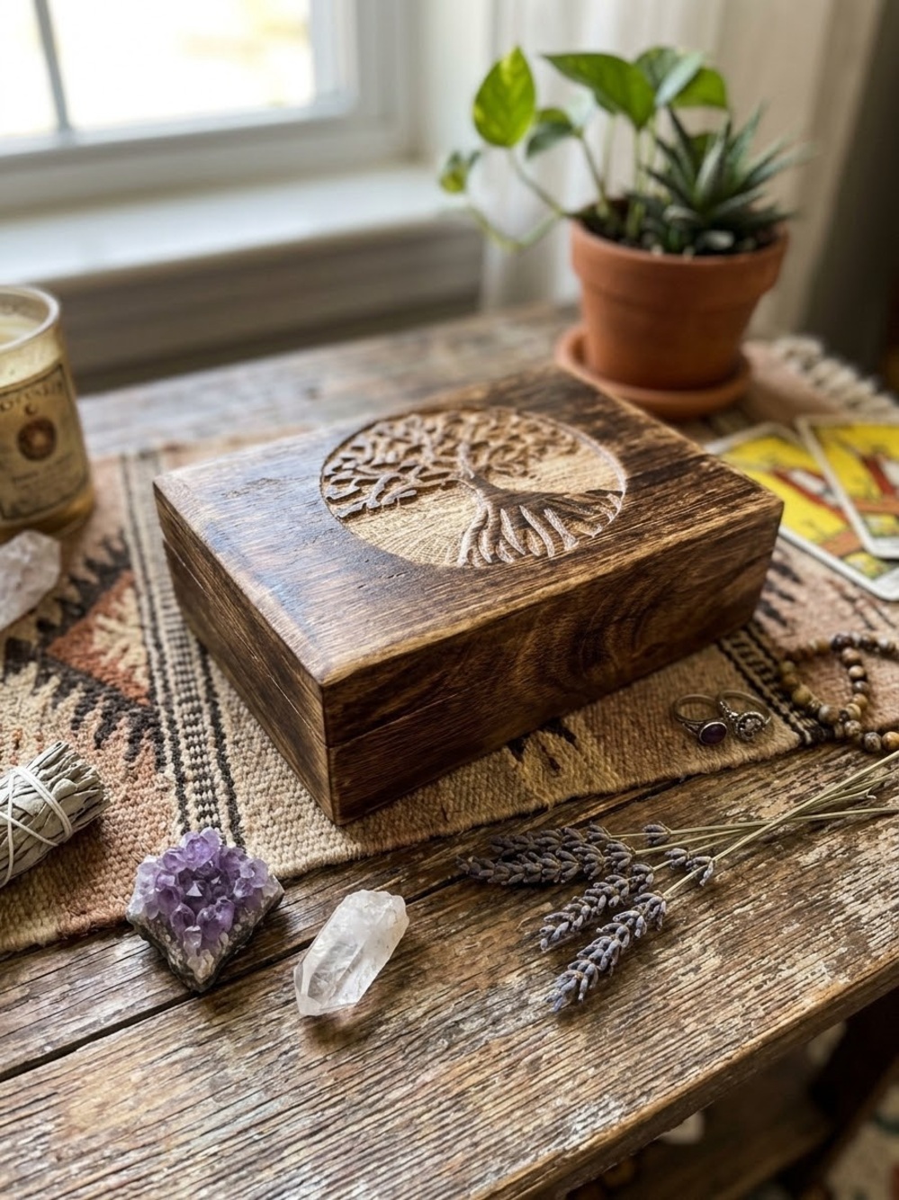 Hand Carved Tree of Life Wooden Keepsake Jewelry Box